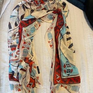 Lightweight Geometric Print Scarf in Cream, Red & Aqua